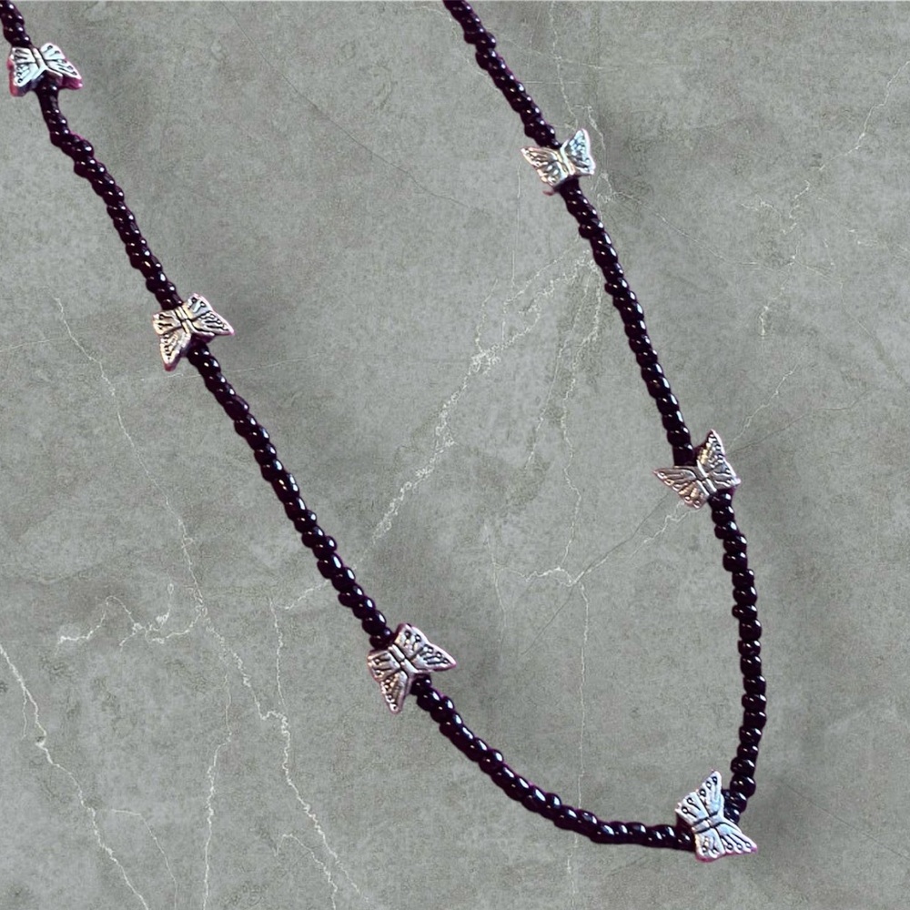 Handmade Black & Silver Beaded Butterfly Dainty Lightweight Necklace